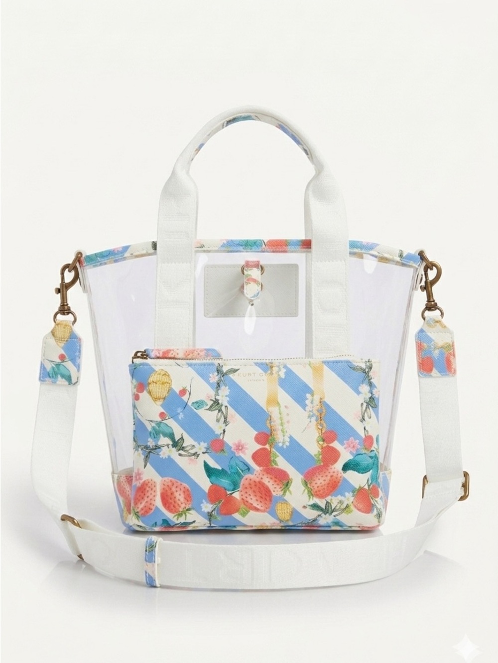 Kurt Geiger Small Hampstead Clear Vinyl Tote Crossbody Strawberry Print & Pouch